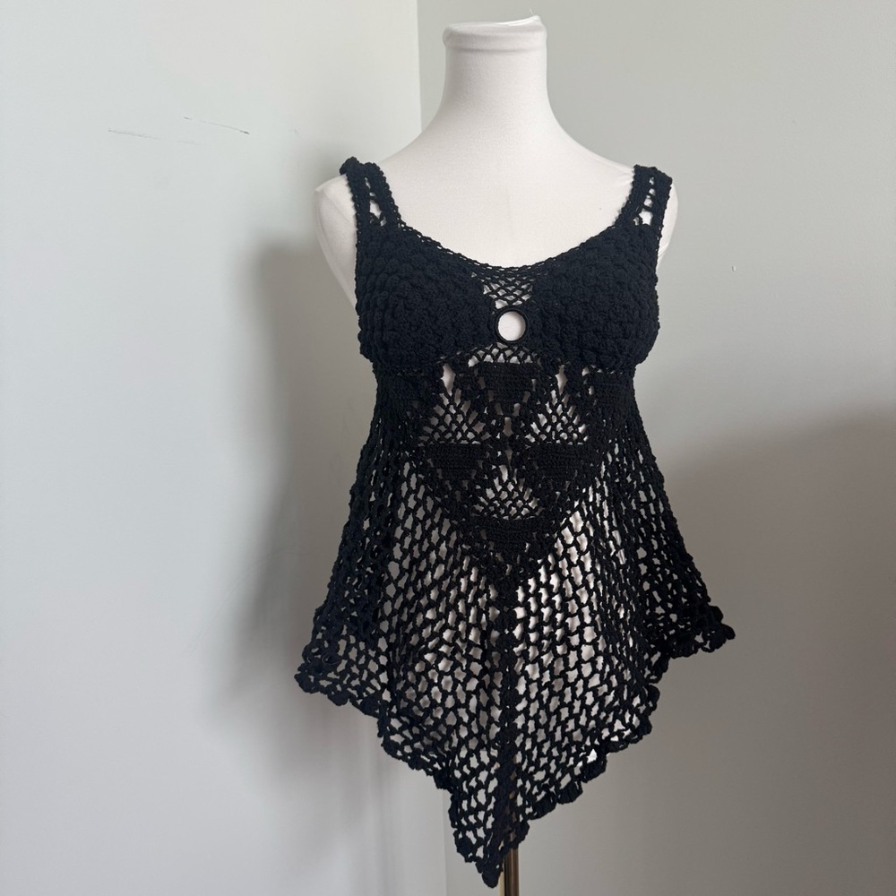 Crochet Whimsigoth Lace Tank Top – Black Hand-Knit Boho Mesh Fairycore S/M - Picture 2 of 4